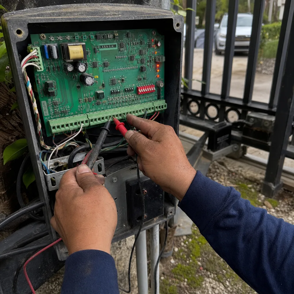 Technician performing electric gate motor repair and maintenance in San Antonio, TX