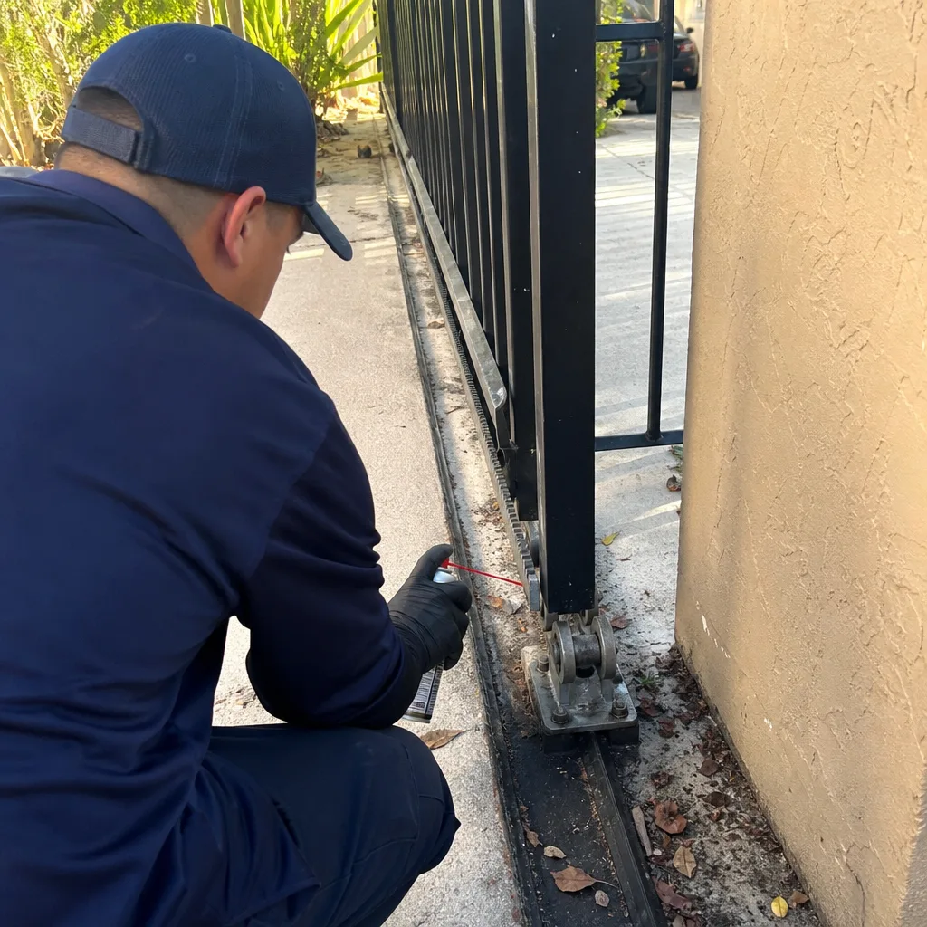 Technician performing professional residential gate opener repair and maintenance