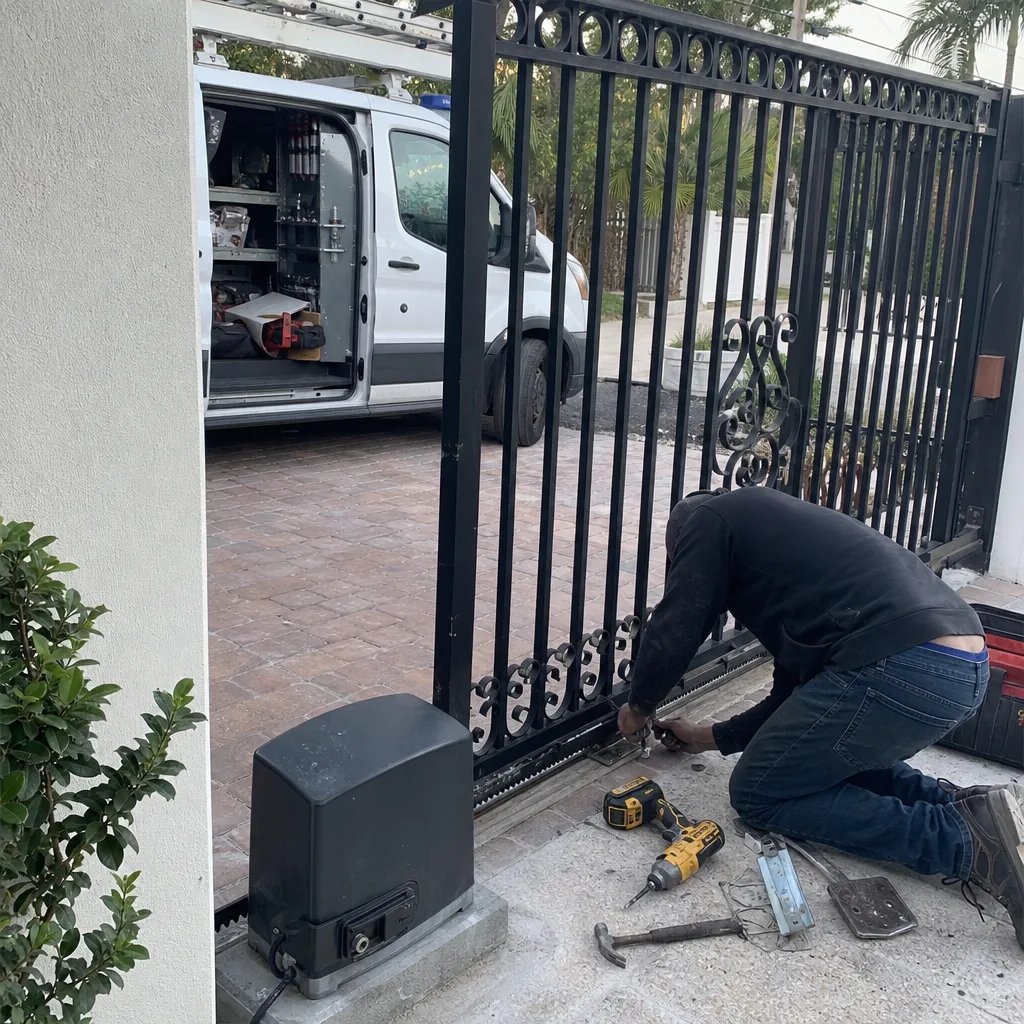 Technician performing professional sliding gate opener repair and maintenance