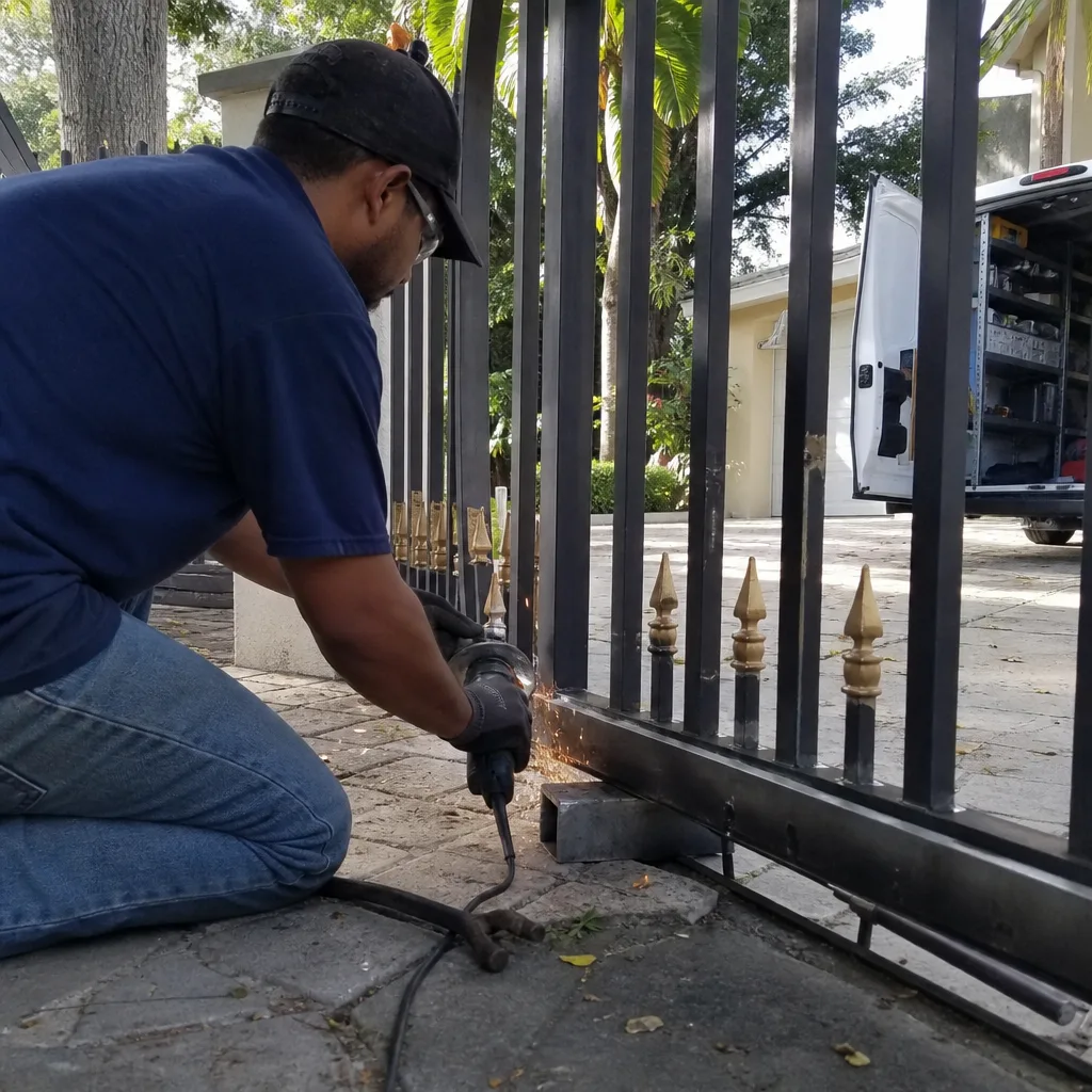 Professional gate repair and welding service in progress